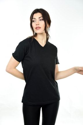 V Yaka Basic Kadın Tişört T-shirt Siyah BLF-V-YAKA-TSHRT-KDN