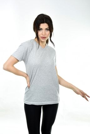 V Yaka Basic Kadın Tişört T-shirt Gri BLF-V-YAKA-TSHRT-KDN