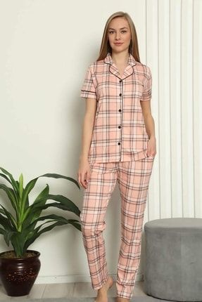 Kadın Somon Ekose Gömlek Yaka Önden Düğmeli Kısa Kol Pamuklu Pijama Takımı 2560KY