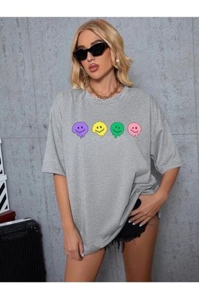 Oversize Unisex Gri Emoji Tshirt Klz45
