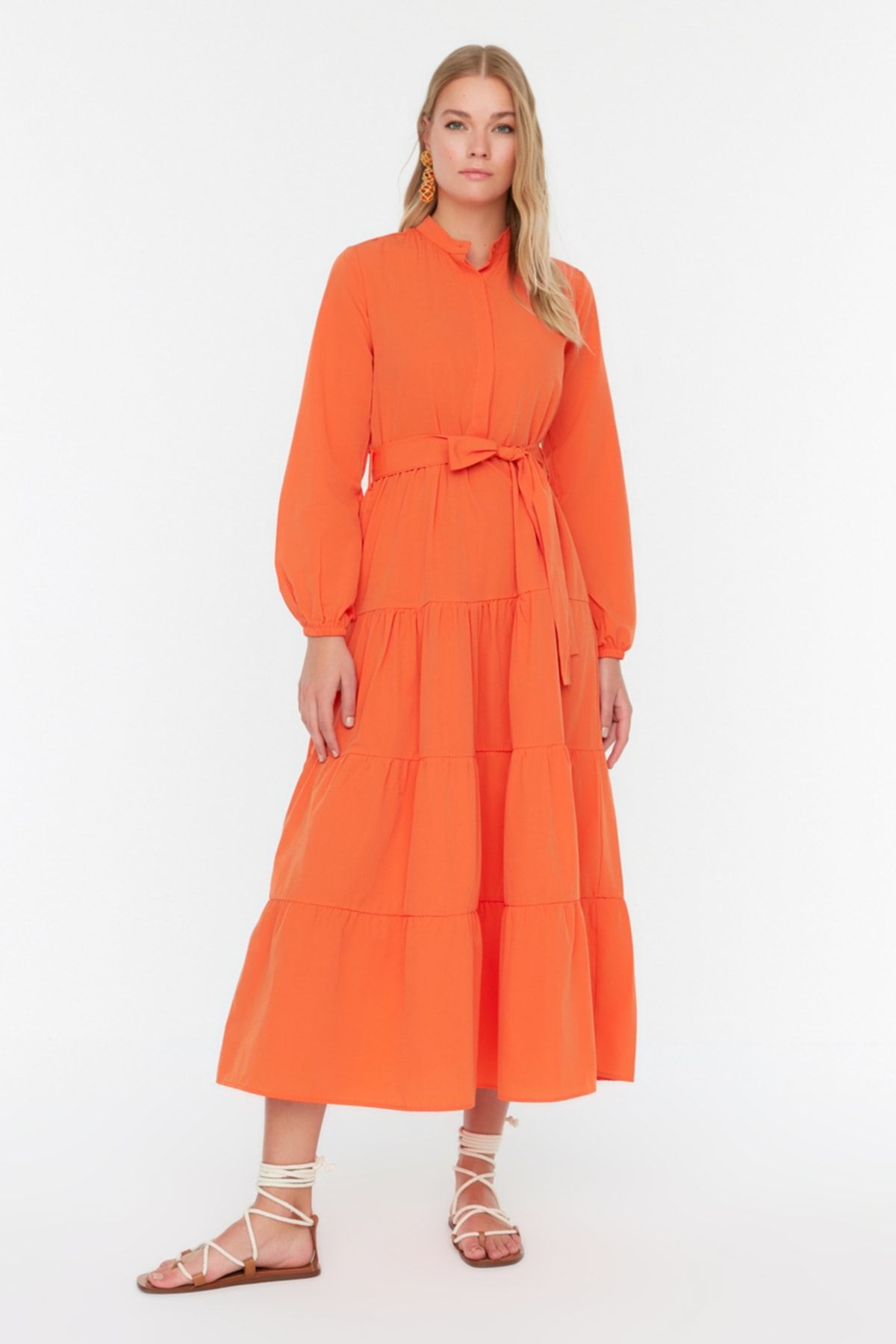 Trendyol Modest Narancssárga öves, uralkodó gallér gombrészlet, szőtt ruha TCTSS21EL3343