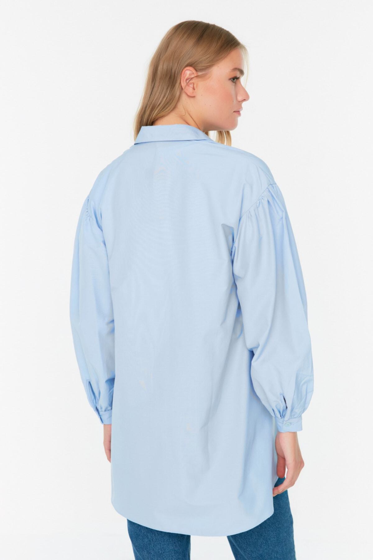 Trendyol Modest-Világoskék léggömb ujjú alap szőtt ing hosszú hátsó zsebbel TCTSS21GO0976 5
