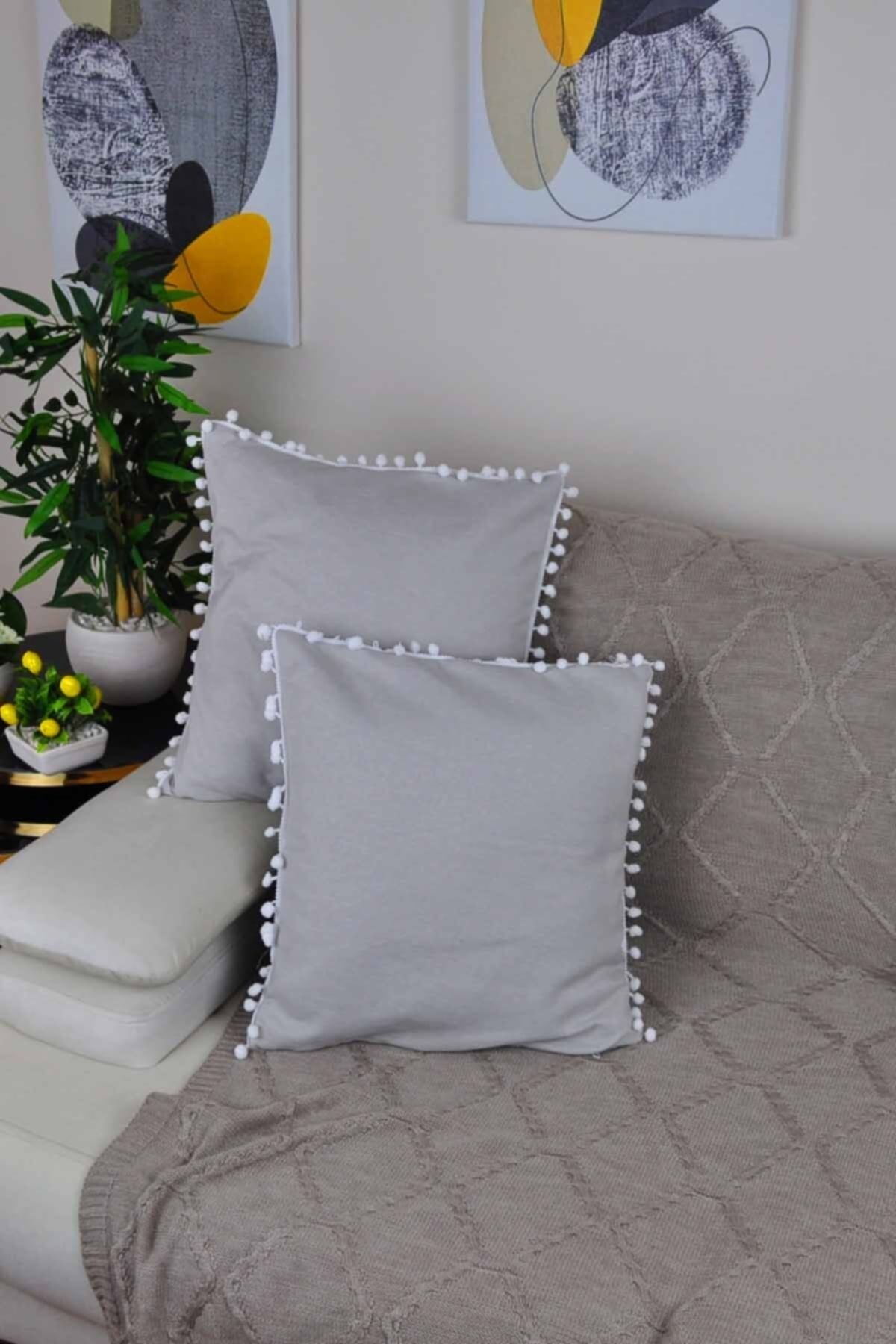 Paris Life 2 Pack Small Pom Pom Pillow Case Gray