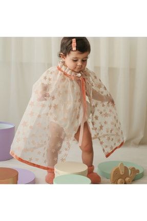 Somon Şeritli Bej Yıldız Desenli Bebek Pelerini Doğum Günü Kıyafeti MB0MBA37000