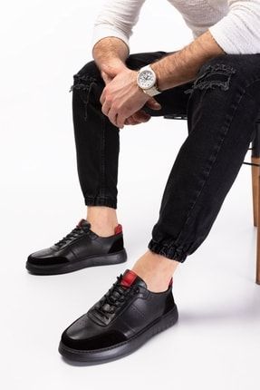 Siyah - Hakiki Deri, Çok Rahat, Dikişli, Sneaker Deri Ayakkabı PA-514489