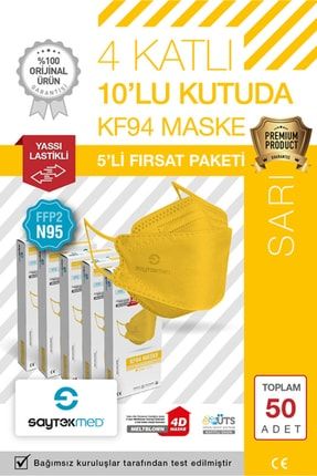 N95/FFP2 Kore Tipi, 4 katlı, SARI Maske, Tekli Paket, UV Steril (5 Kutu/ 50 Adet) TYC00356172046