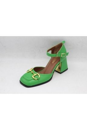 Kadın Hakiki Deri Yeşil Altın Tokalı Topuklu Ayakkabı HS-22163