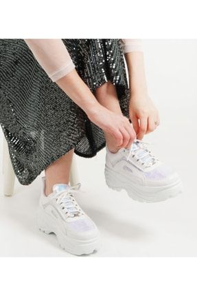 Kadın Beyaz Platform Topuk Kalın Taban Sneaker Pullu Parlak Payet Gelinli Taşlı Spor Ayakkabı TYC00398454477