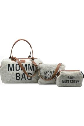 Mommy Bag Exclusive Ekru Kuzu Peluş 3 Lü Set Baby Anne Bebek Bakım Ve Kadın Çantası AYB-KUZUPLS
