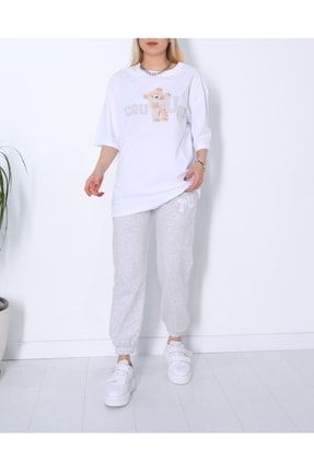 Gri Beyaz Couture Yazılı Ayıcık Baskılı T-shırt Jogger Eşofman Ikili Takım A19022022