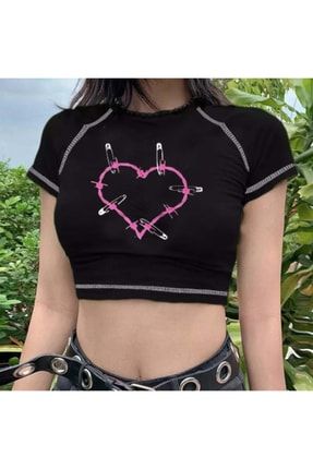 Harajuku Fashion Safety Pin Heart Siyah Yarım T-shirt arskalppembe