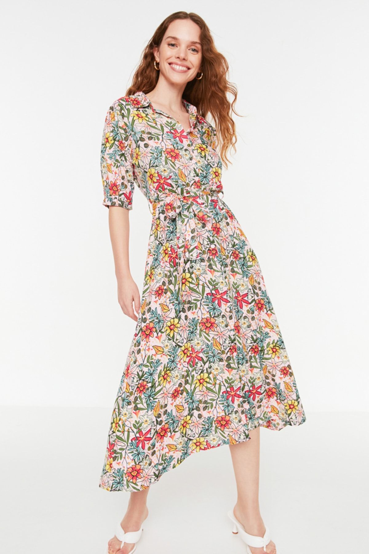 Trendyol Collection-Φόρεμα πουκάμισο από βισκόζη σε λιλά λουλουδάτο ζωσμένο μίντι υφαντό TWOSS20EL1559 2
