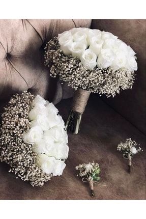 Beyaz Gül Gelin Çiçeği Cipsolu Gelin Buketi Damat Yaka Çiçeği gyut