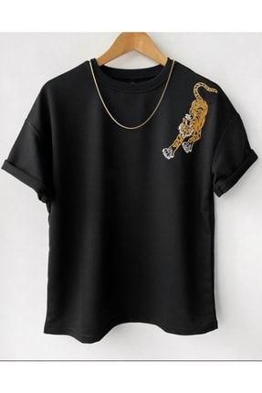 Oversize Siyah Tiger Baskılı T-shirt TGR3579