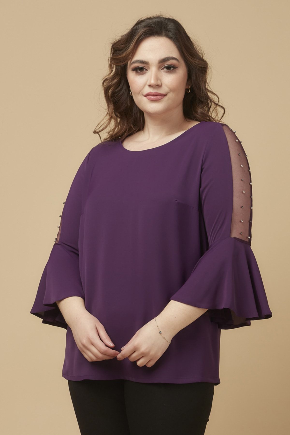 Moda Alba-Plum Sleeve Pearl Flounced Plus Size Stylish Blouse 3