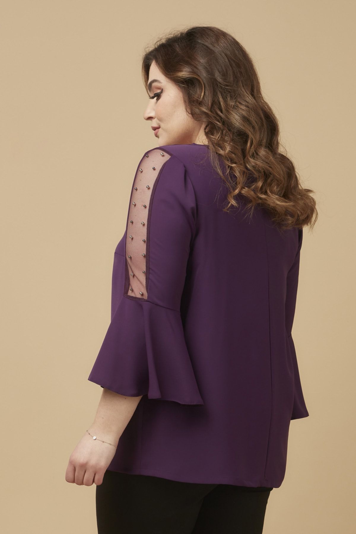 Moda Alba-Plum Sleeve Pearl Flounced Plus Size Stylish Blouse 5