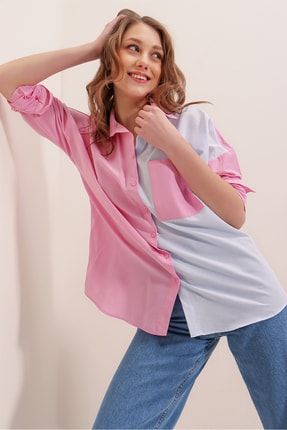 Kadın Renk Bloklu Oversize Gömlek P22s110-61102 P22S110-61102