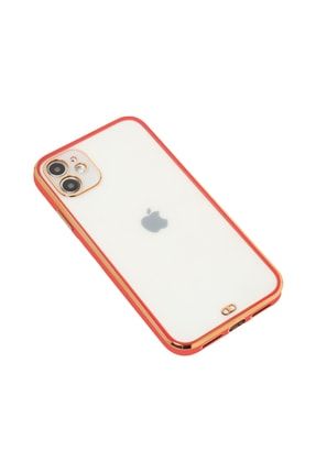 Iphone 11 6.1' Uyumlu Lazer Kesim Şeffaf Lens Korumalı Renkli Kenar Silikon Kılıf Kırmızı RKL00100