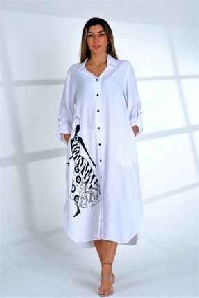 Kadın Beyaz Gömlek Yaka Kadın Desenli Cepli Oversize Gömlek Elbise EUWKBGS12
