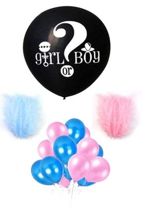 10 Balonlu Ve Pembe Mavi Tüylü Cinsiyet Belirleme Balonu Partisi Seti Balon + Mavi Tüy + Pembe Tüy tye1503220443