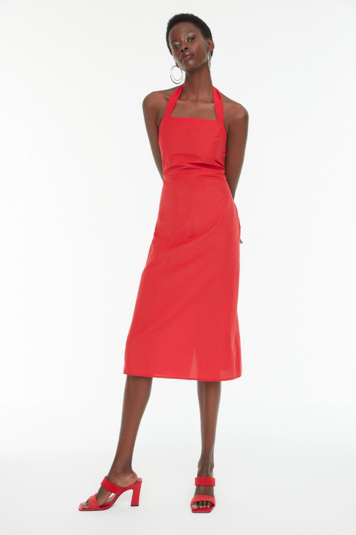 Red halter dress midi shop