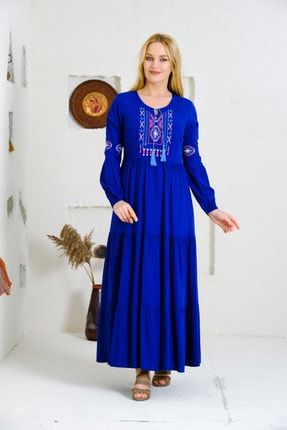 Kadın Saks Mavi Uzun Otantik Pamuk Elbise PC9041