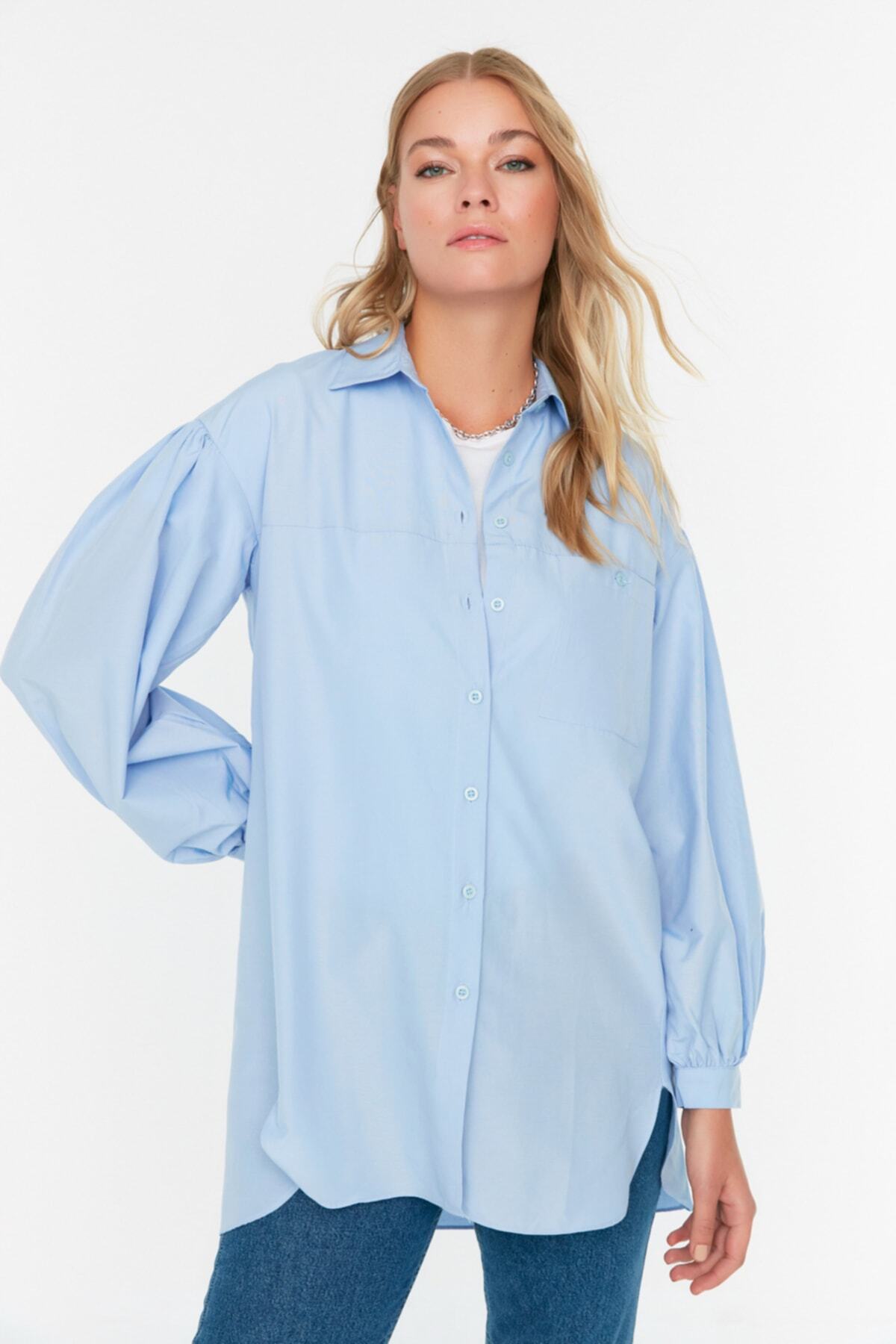 Trendyol Modest-Világoskék léggömb ujjú alap szőtt ing hosszú hátsó zsebbel TCTSS21GO0976 3