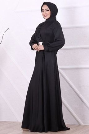 Sağ Omuz Detaylı Kemerli Saten Elbise-siyah 4271