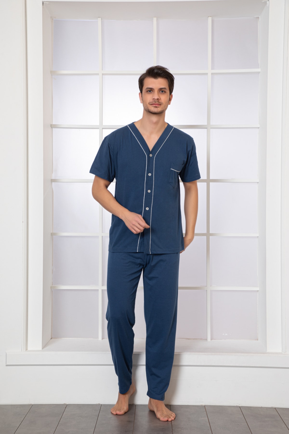 MİRELLA Erkek Indigo Mavi Önden Düğmeli Kısa Kollu Altı Uzun Penye Örme Kumaş Yazlık Pijama Takımı
