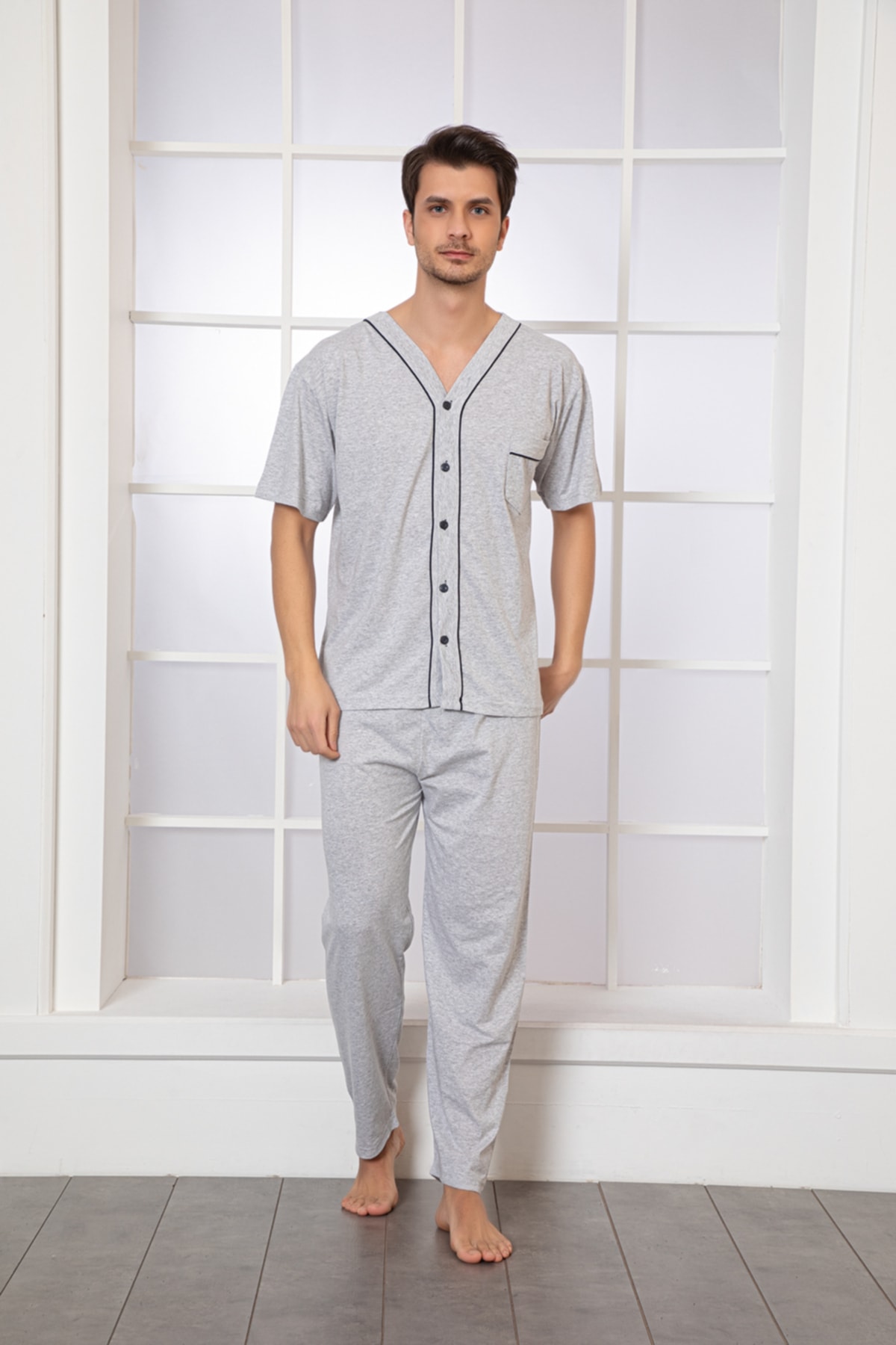 MİRELLA Erkek Gri Önden Düğmeli Kısa Kollu Altı Uzun Penye Örme Kumaş Yazlık Pijama Takımı