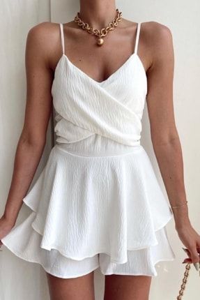 Jessica Kumaş Ayarlanabilir Askılı Göğüs Dekolteli Şortlu Beyaz Tulum Elbise BS000154