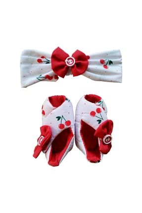 Renkli Baskılı Kırmızı Kiraz Fiyonklu Bandana Ve Patik Ayakkabı Kız Bebek 2li Takım beebek0002