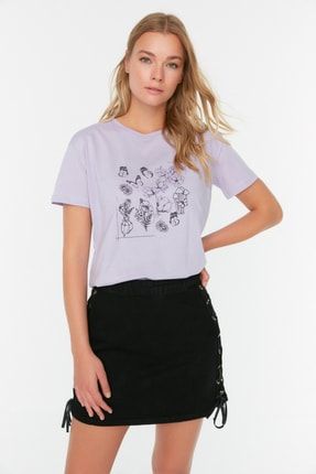 Lila Baskılı Semifitted Örme T-Shirt TWOSS22TS2400