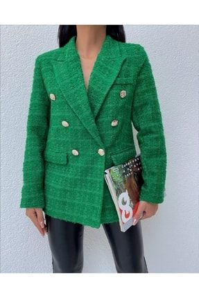 Kadın Tüvit Kumaş Kışlık Gold Düğmeli Blazer Ceket Yeşil KG002