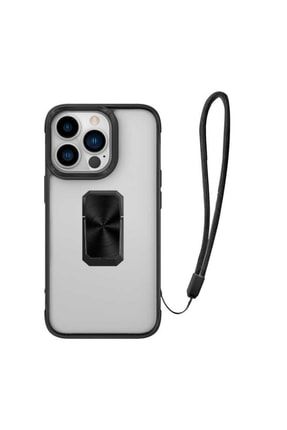 Uyumlu Iphone 13 Pro Max Kılıf Metal Stand Yüzük Darbe Emici Şefaf Yüzüy Siyah Kenar V-bax Kapak CPTMAXSRSCP14