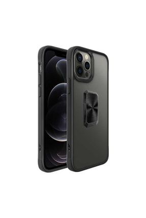 Iphone 12 Pro Max Uyumlu Kılıf Metal Stand Yüzük Darbe Emici Şefaf Yüzüy Siyah Kenar V-bax Kapak CPTMAXSRSCP11