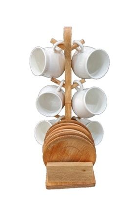 6'lı Lüks Bambu Tabaklı Askılı Porselen Fincan Takımı Şık Tasarım ıtem-c2-12