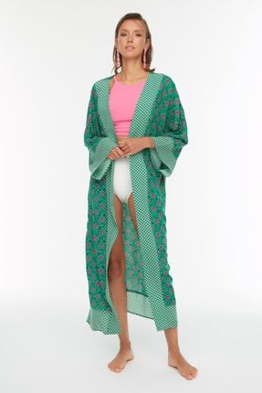 Yeşil Çiçek Desenli Tül Kimono&Kaftan TBESS21KM0171
