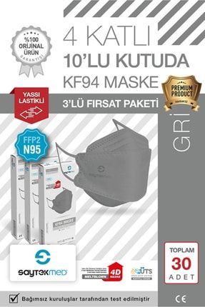 N95/FFP2 Kore Tipi, 4 katlı, GRİ Maske, Tekli Paket, UV Steril (3 Kutu / 30 Adet) TYC00356167316
