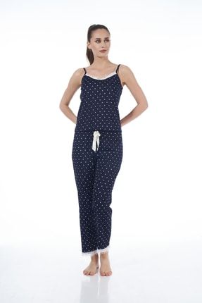 Kadın Dantel Detaylı Puantiyeli Askılı Viskon Pijama Takımı - Lacivert 22103