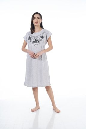 Kadın Çiçekli Kısa Kollu Penye Büyük Beden Günlük Elbise - Gri 22194