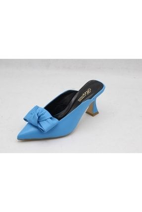 Kadın Hakiki Deri Mavi Fiyonklu Topuklu Arkası Açık Ayakkabı HS-22130