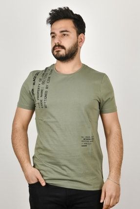 22yceeo04054 Erkek Haki Biskilet Yaka T-shirt H-CZD-04054