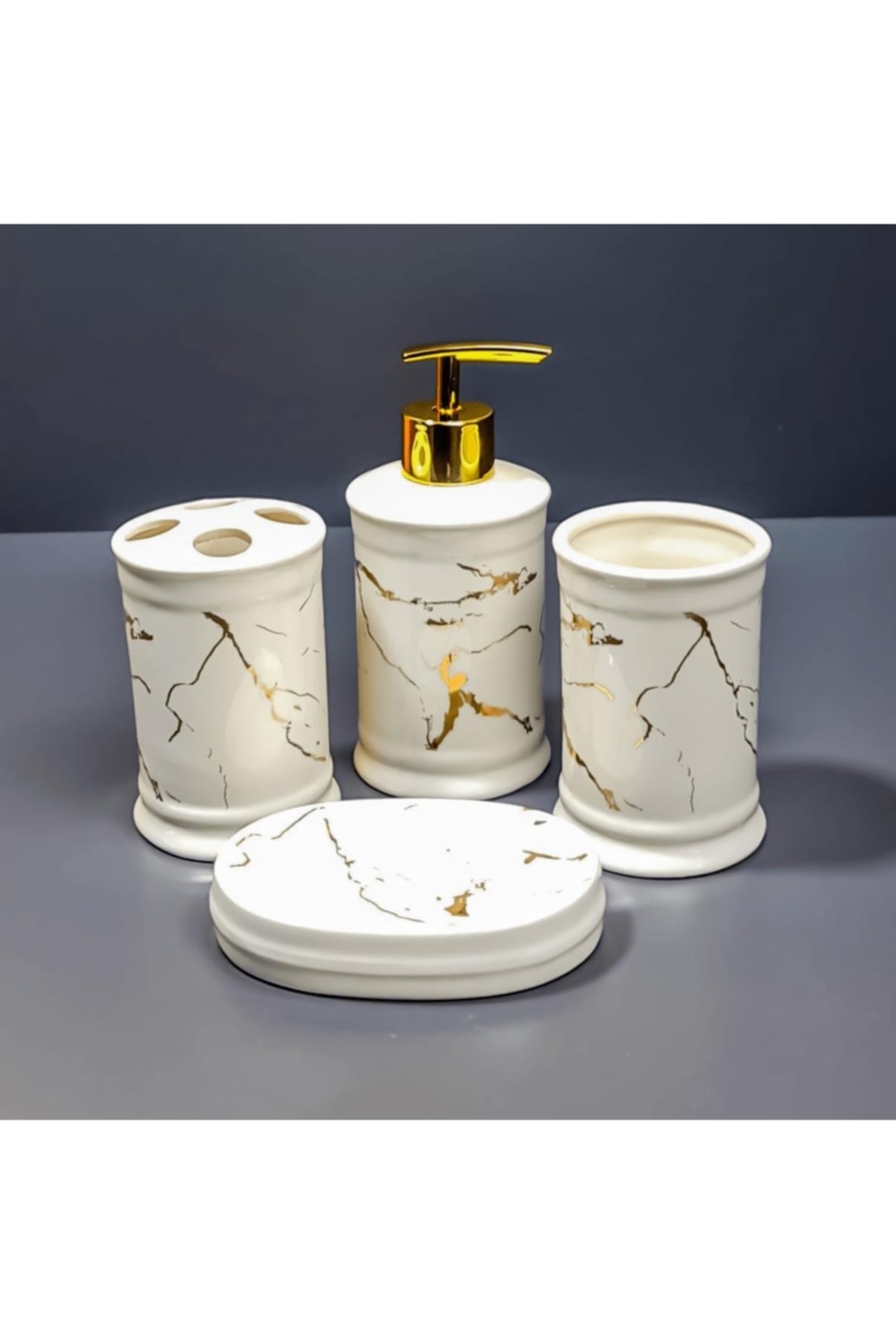 Tabivar Lüx Gold Parçacıklı 4 Lü Porselen Banyo Seti Dekoratif