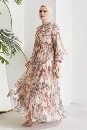 Serena Çiçek Desen Piliseli Şifon Elbise - Bej MS000AN5035