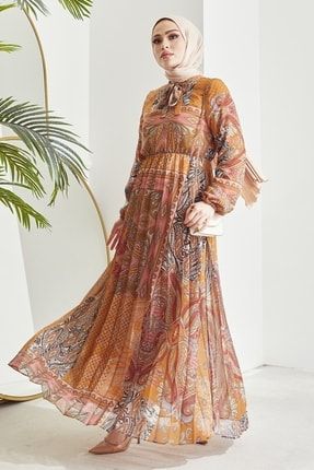 Elinor Şal Desen Piliseli Şifon Tesettür Elbise - Hardal MS0ANT5035
