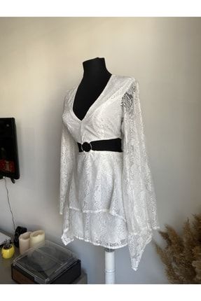 Beyaz Dantel Bel Detay Mini Elbise Dntl11