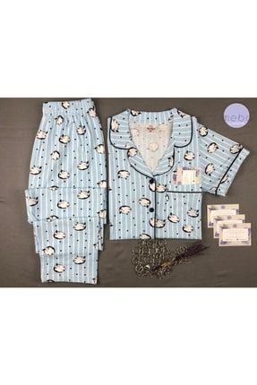Önden Düğmeli Şal Yaka Penguen Desen Kısa Kollu Mavi Pijama Takımı 2999