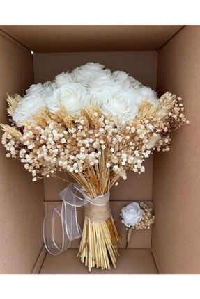 Beyaz Gül Gelin Çiçeği Cipso Ve Başaklı Gelin Buketi Damat Yaka Çiçeği t62378