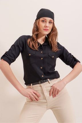 Kadın Cep Detaylı Basic Uzun Kollu Gömlek Y19w110-3428 Y19W110-3428